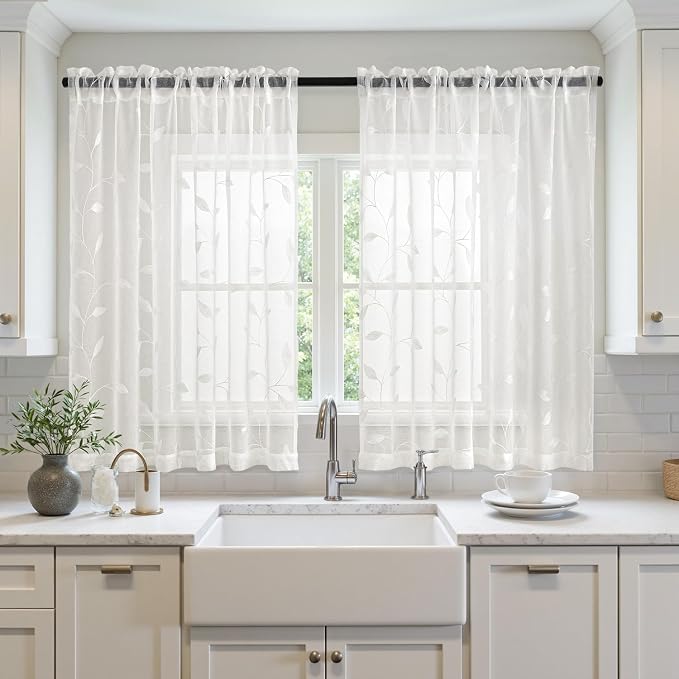 MIULEE Ivory Sheer Curtains 2 Panels Embroidered Leaf Patterned Rod Pocket - Image 7