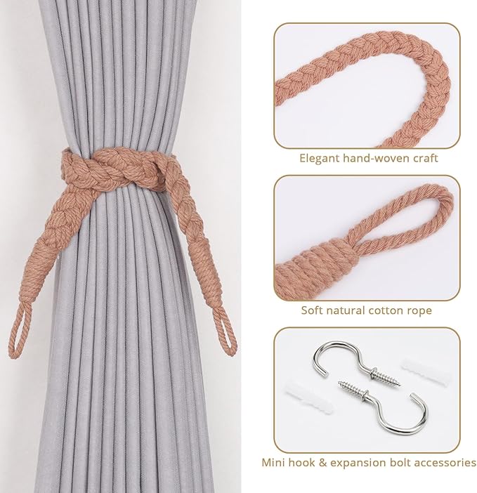 NICEEC 4 Pack Natural Cotton Rope Curtain Tiebacks Elegant Boho Style - Image 2