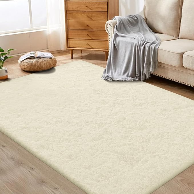 Circle Rug for Bedroom: 4FT Cream White Round Fluffy Shag Soft Washable Rugs by VECARF