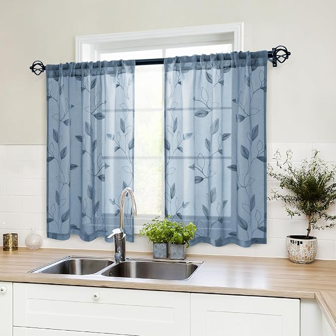 HOMEIDEAS Stone Blue Sheer Kitchen Curtains 30 X 36 Inch Length 2 Panels - Image 2