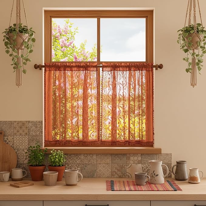 WAZZIO Boho Lace Curtains 45 Inch 2 Panels-Vintage Sheer Panel Drape Floral - Image 2