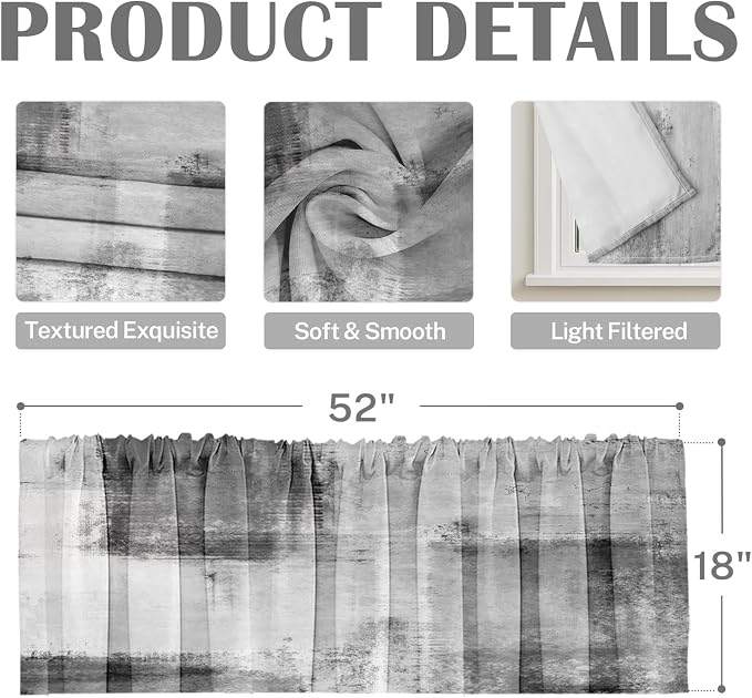 Emvency 4 Pack Valances Window Treatments, Abstract Modern Grey Minimalist - Image 3