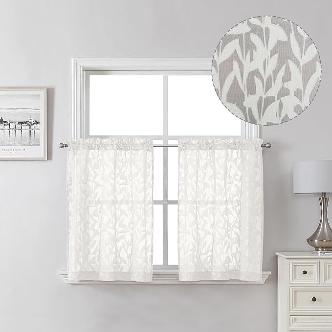 Lecloud Leia Ivory Sheer Kitchen Curtains 24 Inch Length 2 Pcs, Jacquard by Lecloud