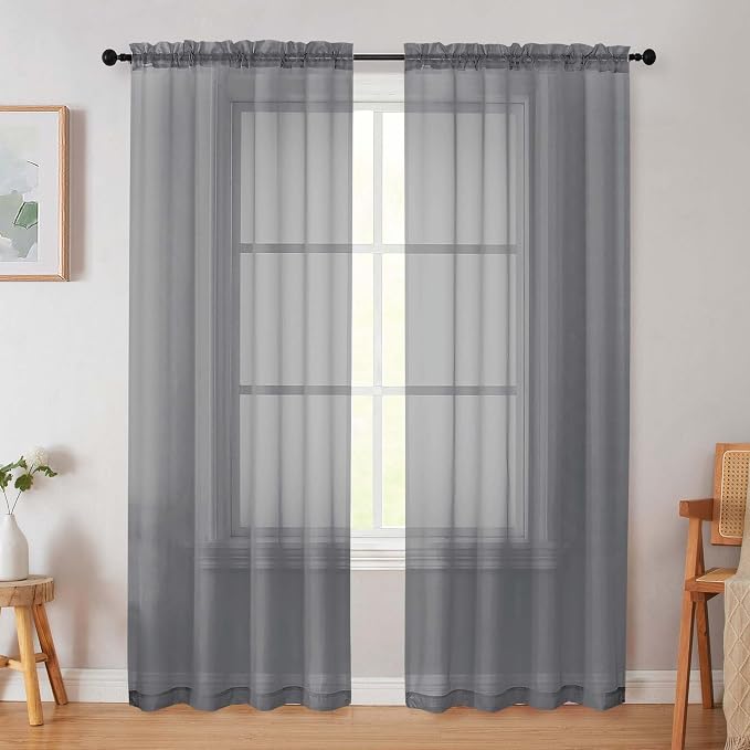 Grey Sheer Curtain for Bedroom Living Room 72 Inches Long 2 Panels Set by WelvetBLK