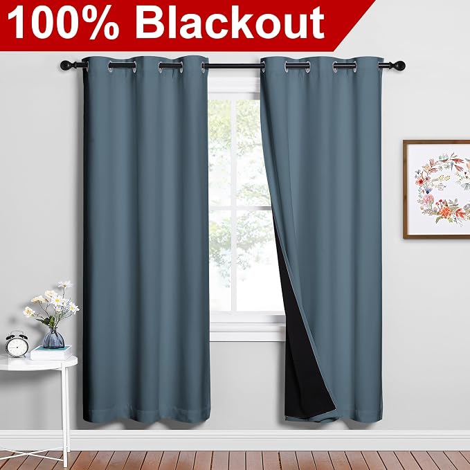NICETOWN Smoky Blue Full Shade Curtain Panels, Smoky Blue, Pair of Thermal - Image 2