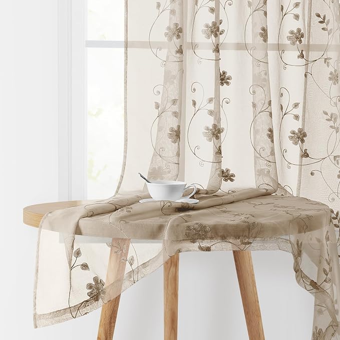 HOMEIDEAS Taupe Sheer Curtains 63 Inches Length 2 Panels Beige Embroidered by HOMEIDEAS