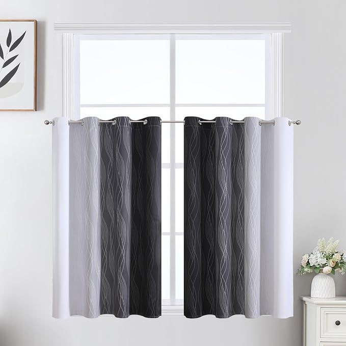 Estelar Textiler Black and Greyish White Ombre Short Blackout Kitchen Curtains - Image 2