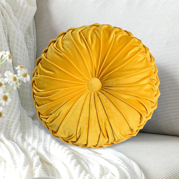 HIG Set of 2 Yellow Ruched Velvet Round Throw Pillows – 14.5’’ Decorative - Image 2