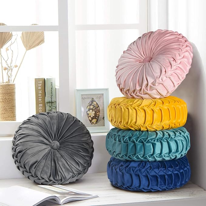 HIG Set of 2 Decorative Round Pleated Throw Pillows, Classy Accent Pumpkin - Image 8