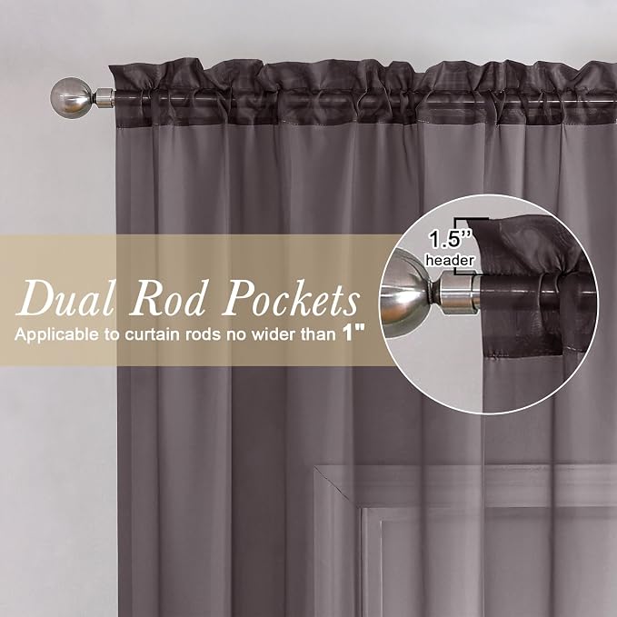 Lecloud Chocolate Sheer Curtains 54 Inch Length 2 Panels, Voile Curtains - Image 2