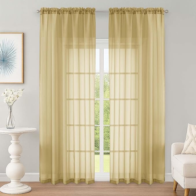 OWENIE Gold Sheer Curtain 90 Inches Long 2 Panels Set, Solid Filmy Drapes by OWENIE