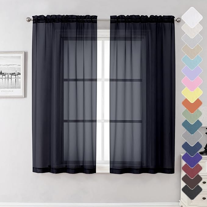 Lecloud Black Sheer Curtains 63 Inch Length 2 Panels, Elegant Voile Drapes by Lecloud