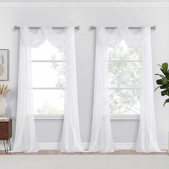 White Sheer Curtains 216 Inches Long, Extra Long Light Filtering Modern Scarf by Home