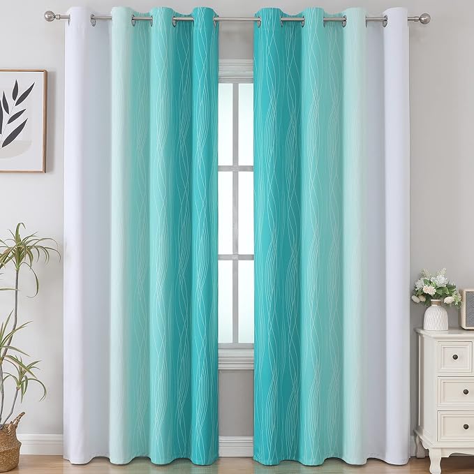 Estelar Textiler Teal and Grayish White Blackout Curtains - Image 2