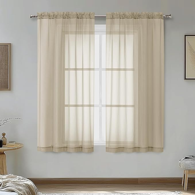 OVZME Taupe Sheer Curtains 54 Inches Long 2 Panels by OVZME