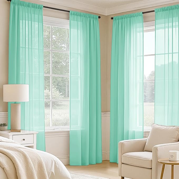 MIULEE Aqua Sheer Curtains 96 Inches Long, 4 Panels Set, Light Filtering Rod - Image 2