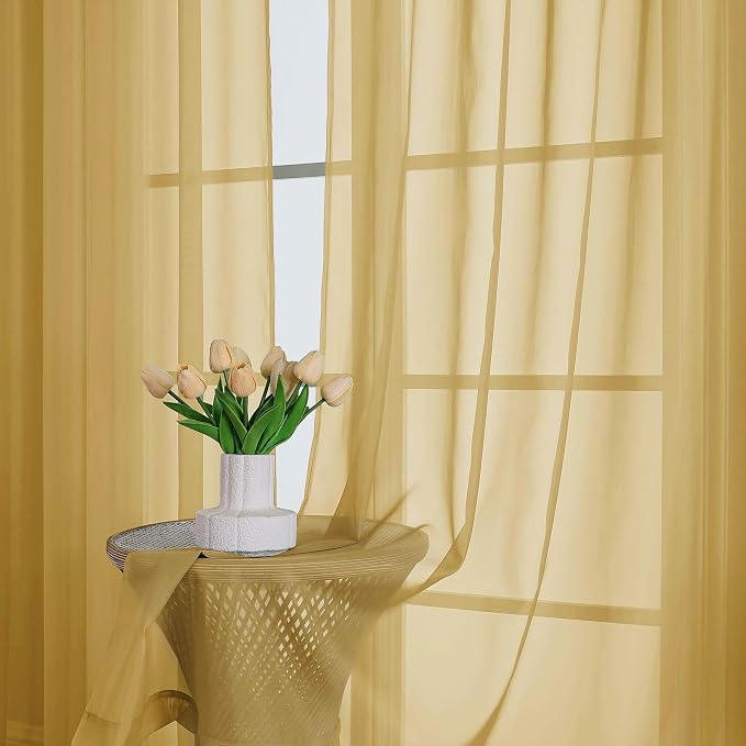 Chyhomenyc Gold Sheer Curtains 90 Inches Long 2 Panels, Light Filtering Gold - Image 2