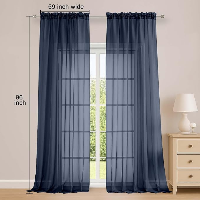 OWENIE Extra Long Navy Blue Sheer Curtains 96 Inches Long 2 Panels Set - Image 2