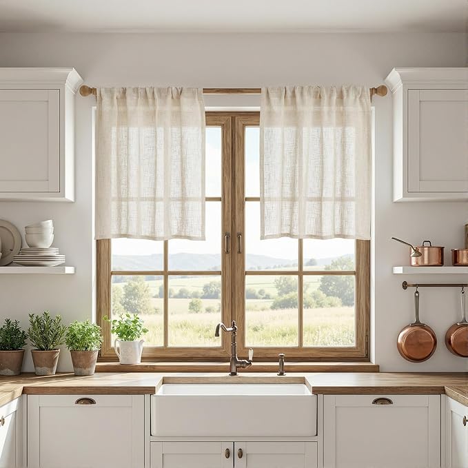MYSKY HOME Kitchen Semi Sheer Linen Curtains 24 Inch Long, Light Filtering - Image 2