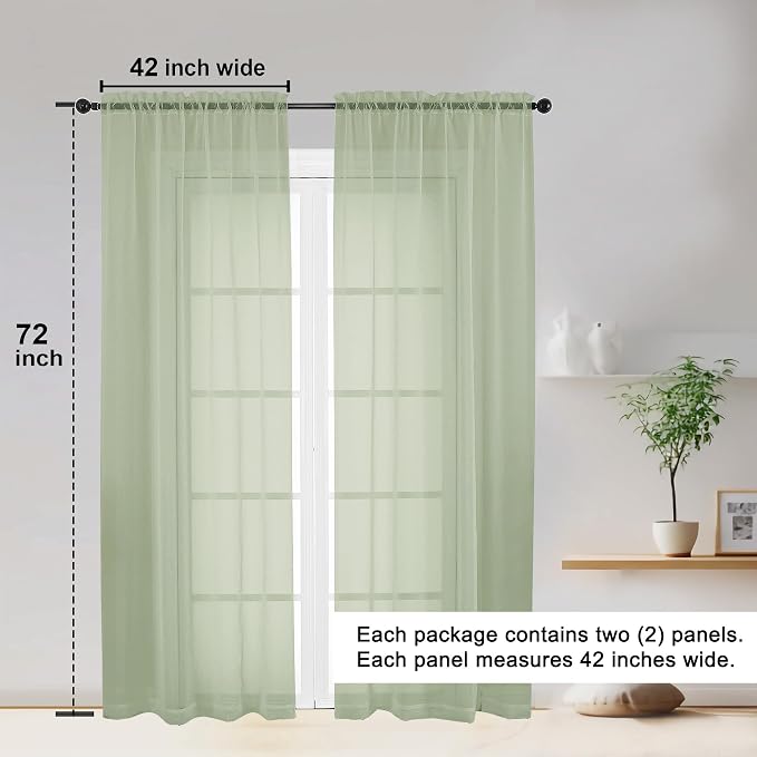 OWENIE Sheer Curtains 72 Inches Long 2 Panels Set, Light Filtering Sheer - Image 2