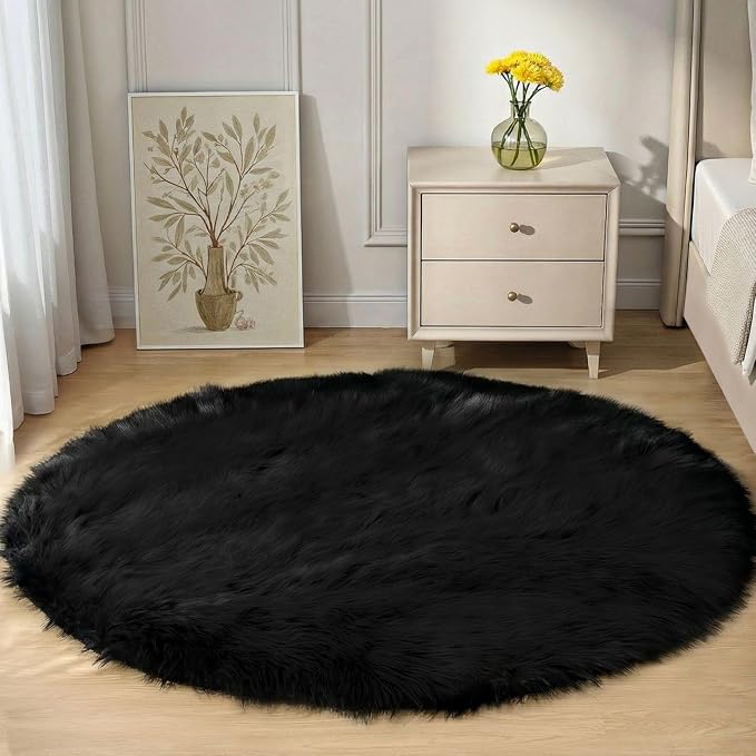 Goolela Black Round Rug 4ft Circle Fluffy Fuzzy Furry Rug - Image 2