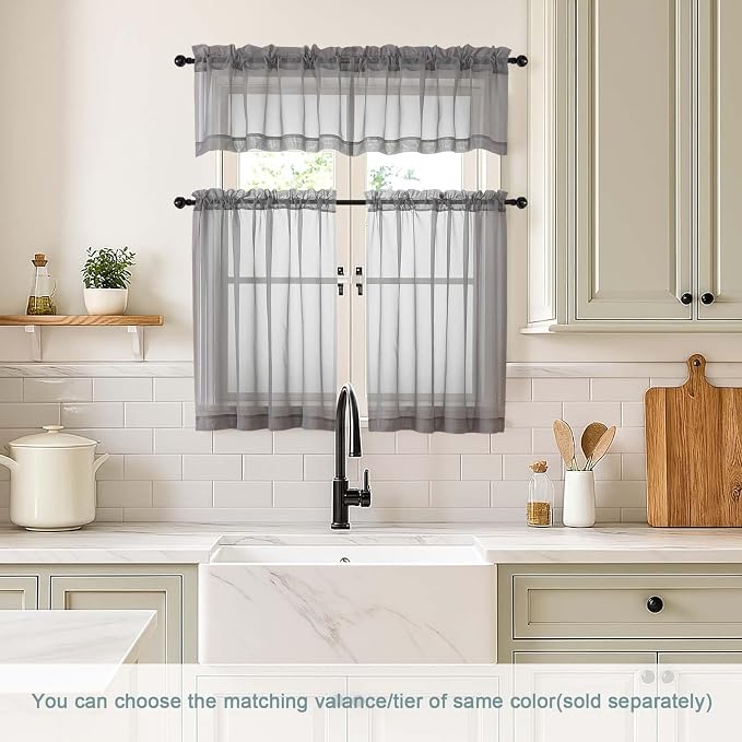 Grey Small Sheer Curtains Tier 24 Inches Length 2 Pieces, Light Filtering Cafe - Image 2