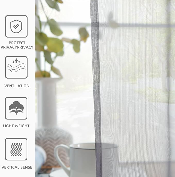 youleyar Solid Sheer Rod Pocket Curtain Voile Draperies 2 Panels White Beige - Image 6