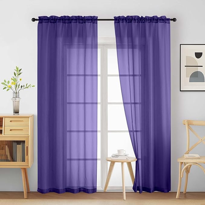 Purple Sheer Curtains 84 Inches Long 2 Panels, Elegant Airy Transparent Light by Home