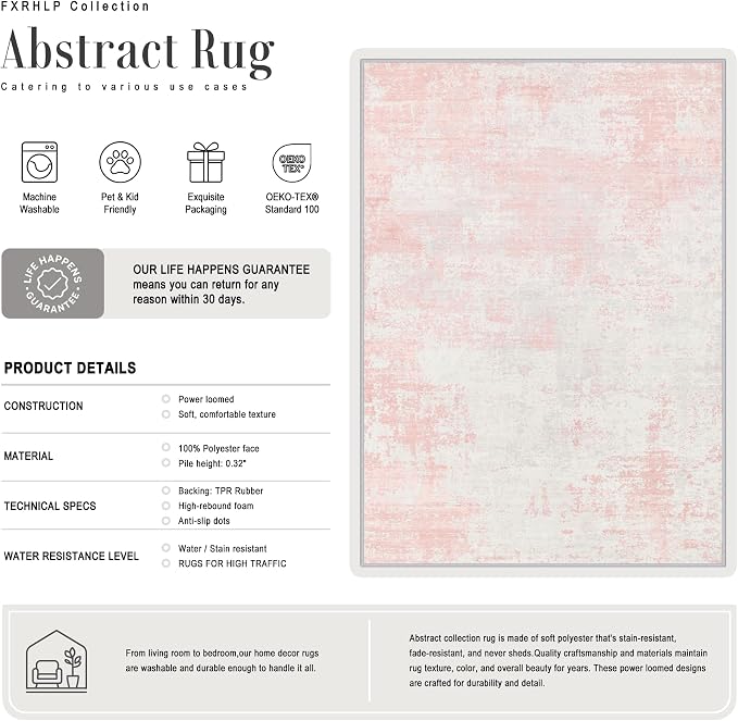 2.6x8 Washable Runner Rug：Modern Abstract Soft Carpet Pink White | - Image 3
