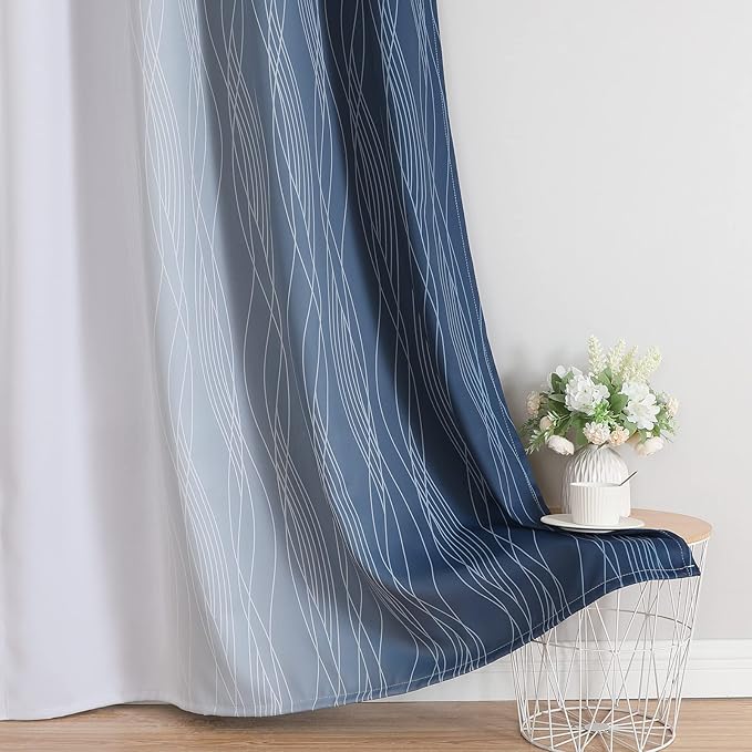 Estelar Textiler Navy Blue and Greyish White Ombre Short Blackout Cafe Curtains - Image 6