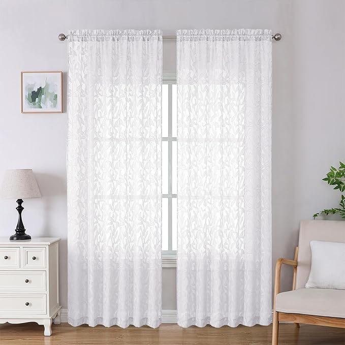 Lecloud Leia White Sheer Curtains 90 Inches Long 2 Panels, Airy Voile Jacquard by Lecloud