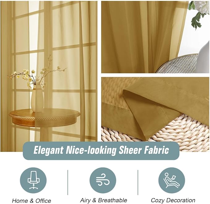 Gold Sheer Curtains 90 Inches Long 2 Panels, Light Filtering Solid Sheer - Image 4