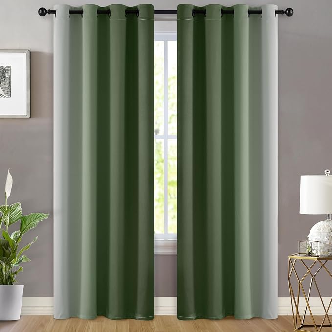 Yakamok Greyish White and Sage Green Ombre Curtains, Light Blocking Curtains - Image 2