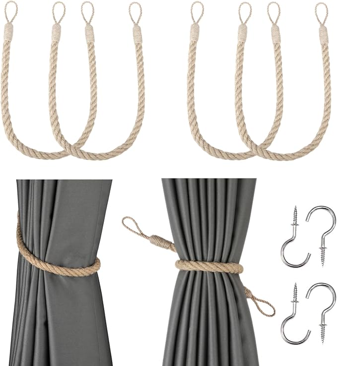 BEL AVENIR Jute Curtain Tiebacks Ropes Tie-Backs, Handmade Curtain Holdbacks by BELAVENIR