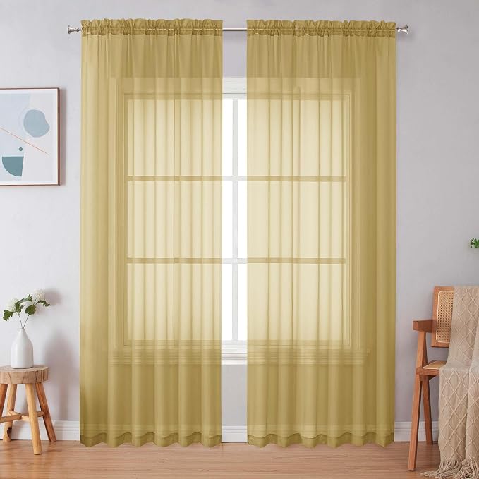 Simplebrand Gold Sheer Curtains 84 Inches Long, Light Filtering Rod Pocket by Simplebrand