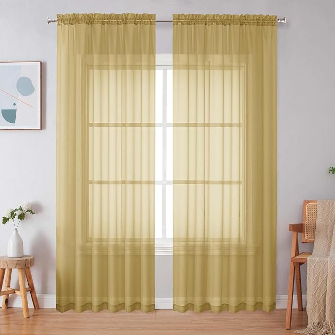 Simplebrand Gold Sheer Curtains 90 Inches Long 2 Panels, Light Filtering Rod by Simplebrand