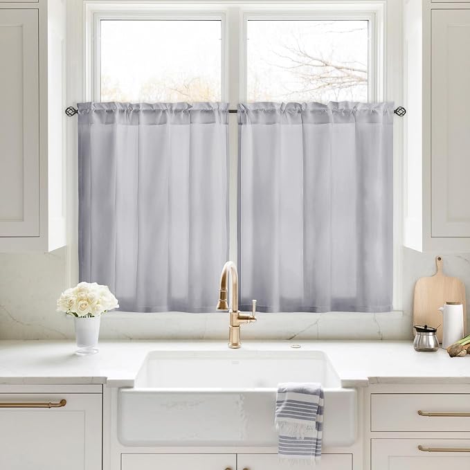 HOMEIDEAS Non-See-Through Light Grey Privacy Sheer Kitchen Curtains, 30 X 36 by HOMEIDEAS