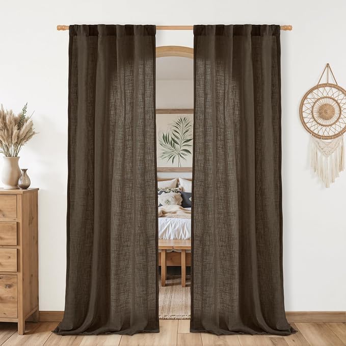 LAMIT Dark Brown Linen Boho Curtains 80 inch Length 2 Panels, Light Filtering by LAMIT