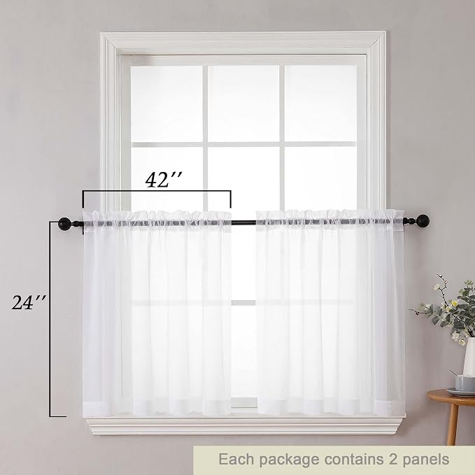 Kitchen Curtains 24 Inch Length Tier 2 Pieces, Cafe Bathroom Basement Rod - Image 2