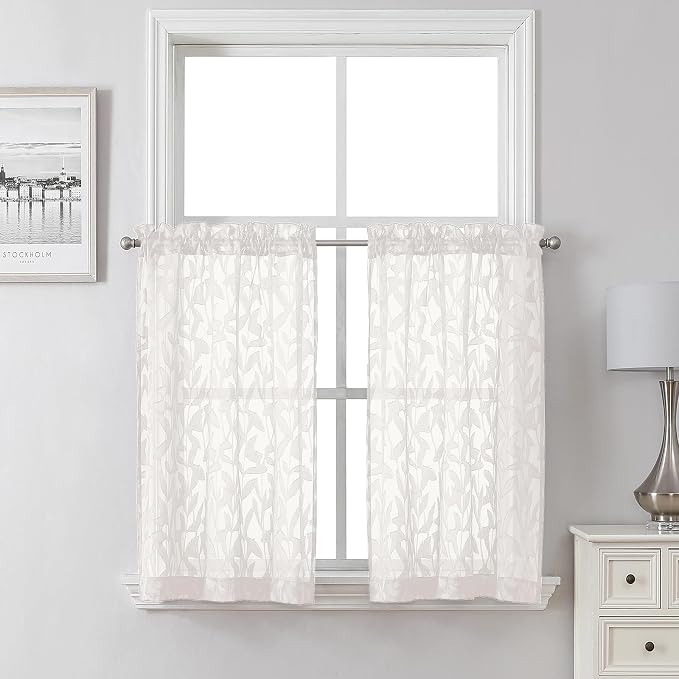 Lecloud Leia Sheer Ivory Kitchen Curtains 36 Inch Length 2 Pcs, Jacquard Leaf by Lecloud