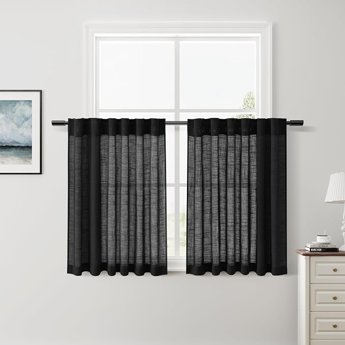 Nanspring Short Linen Kitchen Curtains 36 Inch Length, Over Sink Black Privacy by Nanspring