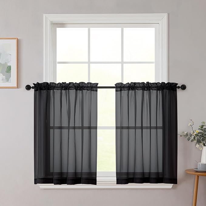 Black Kitchen Curtains 30 Inch Length Tier 2 PCS, Solid Soft Airy Half Curtains by WelvetBLK