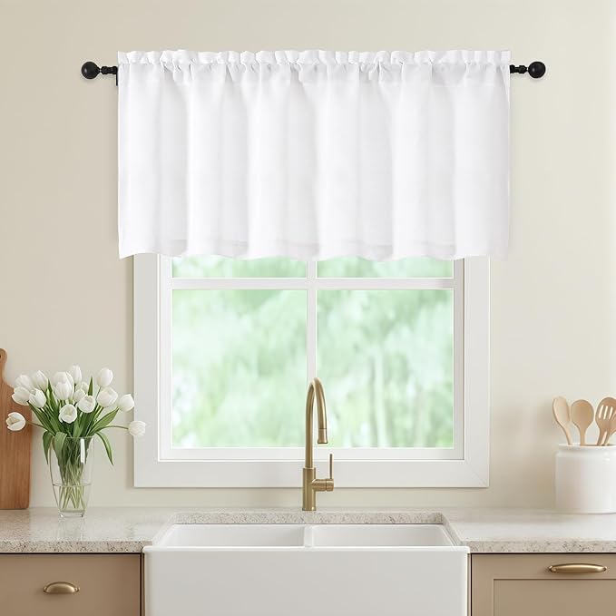 White Valances for Windows, Light Filtering Faux Linen Textured Small Short by WelvetBLK