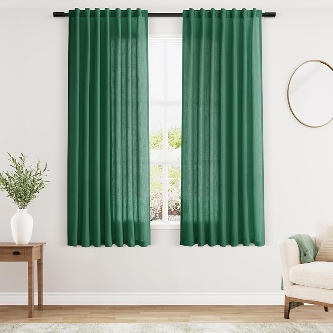 Dark Green Linen Curtains for Living Room 63 Inches Long 2 Panel Set Light by Nanspring