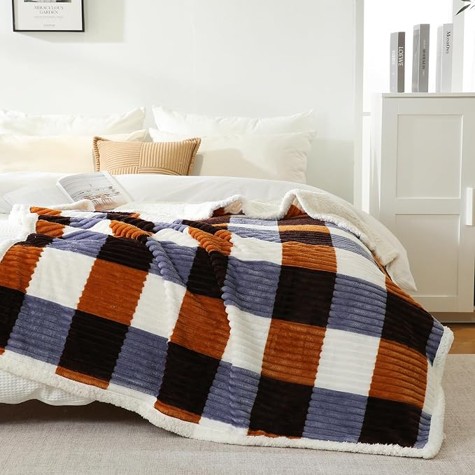 PU MEI Sherpa Blanket Twin Plaid Thick Bed Blanket, 60”*80” Super Soft Flannel - Image 2