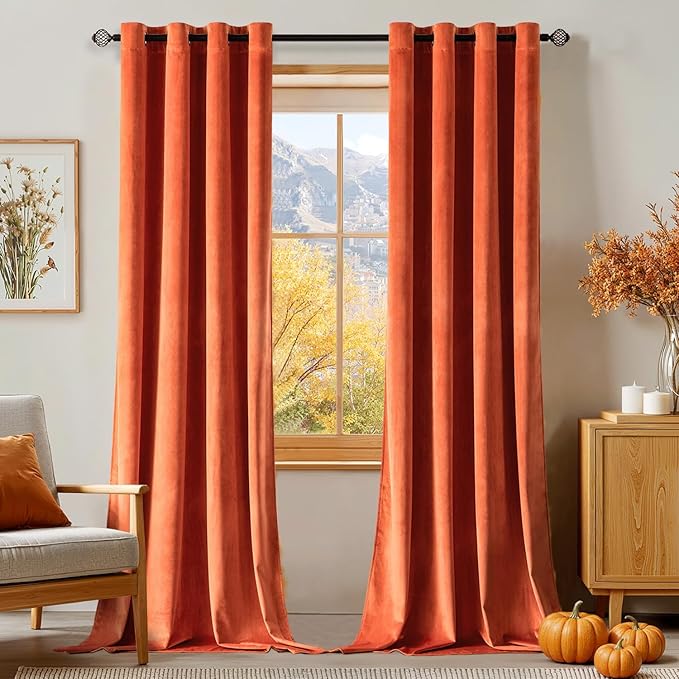 MIULEE 90 Inches Velvet Curtains Orange Elegant Grommet Curtains Fall Thermal by MIULEE