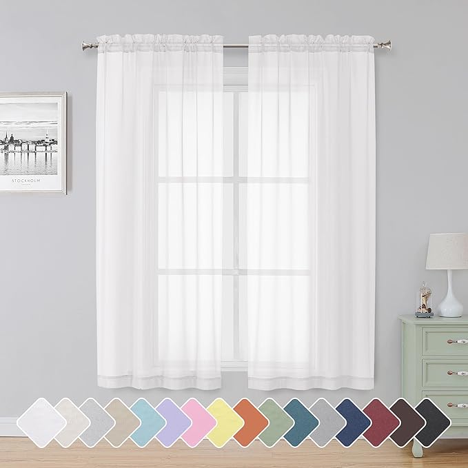 Simplebrand Sheer White Curtains 63 Inch Length 2 Panels, Rod Pocket Solid by Simplebrand