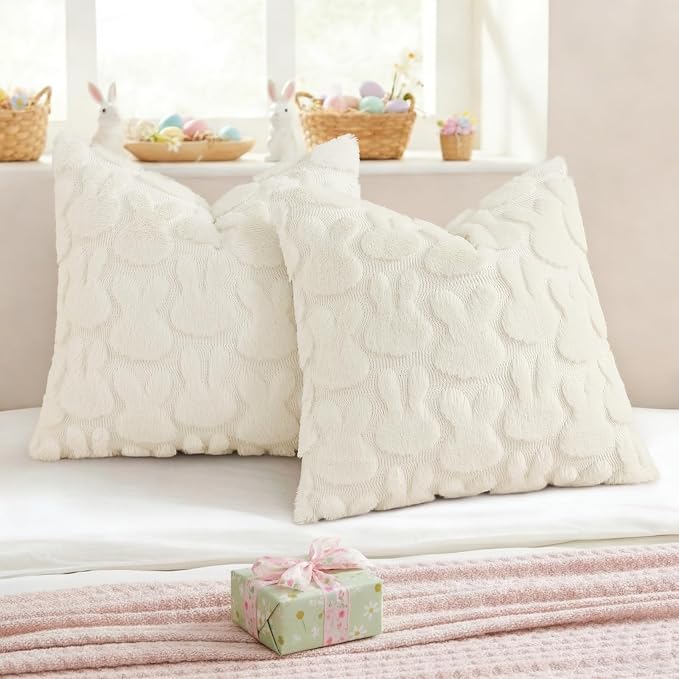 decorUhome Easter Bunny Pillow Covers 18x18 Inch Set of 2, Soft Plush Faux Wool - Image 4