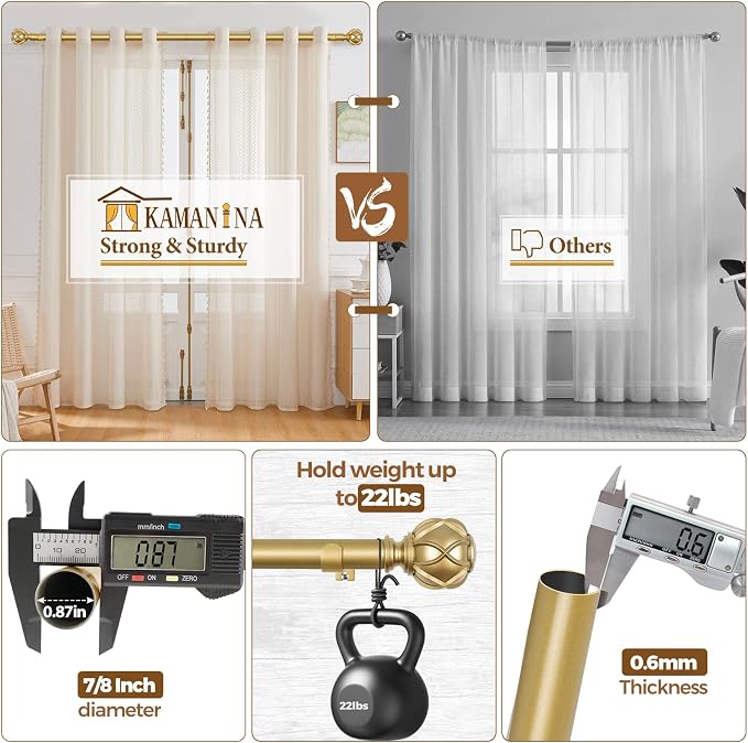 KAMANINA Curtain Rods for Windows 66 to 120 Inch, 7/8 Inch Gold Heavy Duty - Image 6