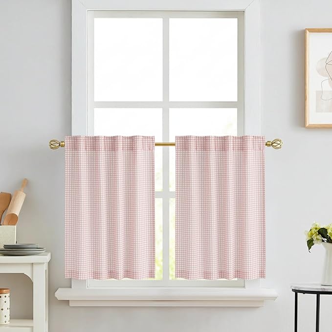 RYB HOME Checkered Kitchen Curtains 24 inch Length, Vintage Farmhouse Linen - Image 8